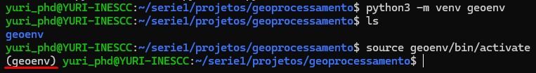 Como Criar um Ambiente Virtual no WSL Terminal do WSL com ambiente virtual Python ativado, indicado por (geoenv)