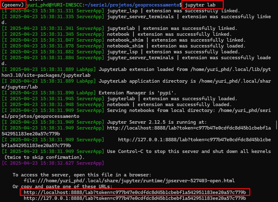 Terminal exibindo o link para acessar o JupyterLab no navegador via WSL. Como instalar o JupyterLab no WSL.