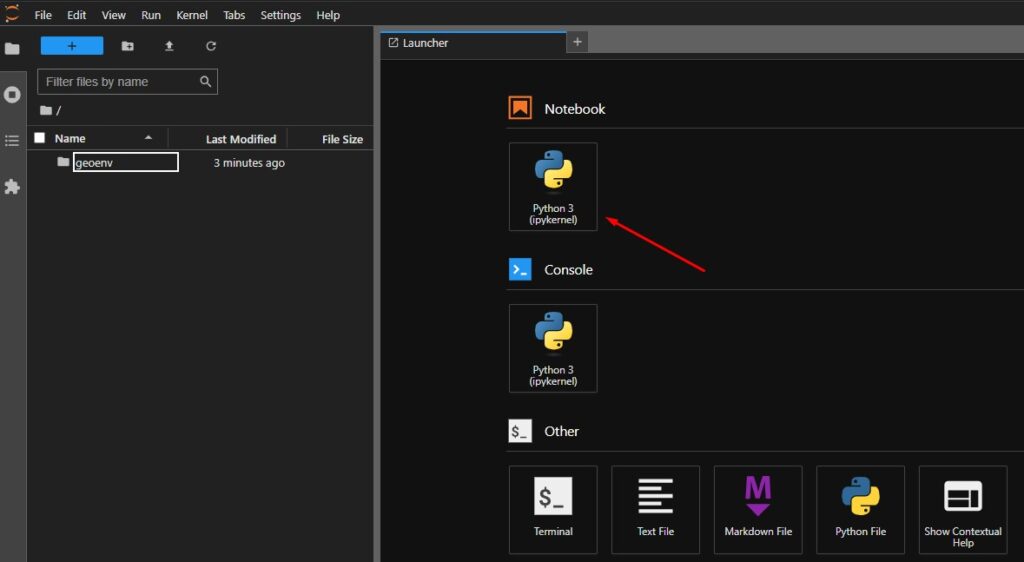 Como instalar o JupyterLab no WSL Interface do JupyterLab mostrando opção para criar novo notebook Python.