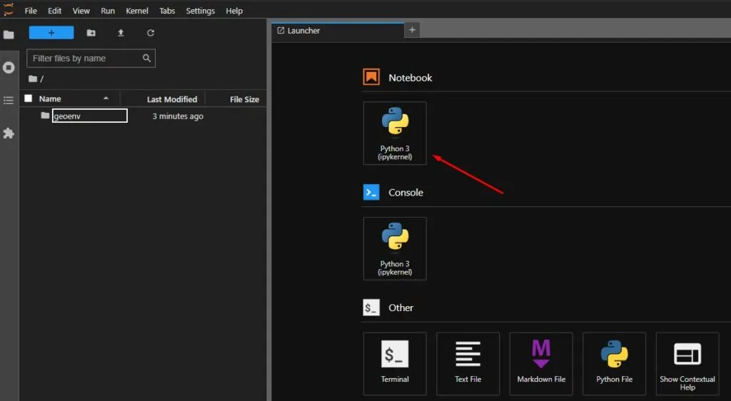 Como instalar o JupyterLab no WSL Interface do JupyterLab mostrando opção para criar novo notebook Python.